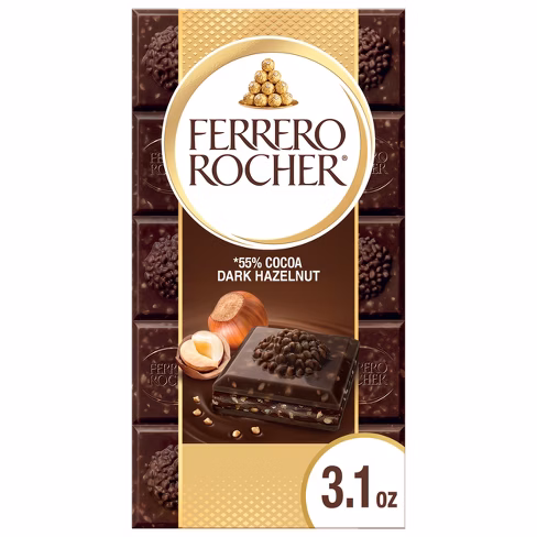 FERRERO ROCHER DARK CHOCOLATE BAR WITH HAZELNUT & COCOA FILLING 55% COCOA 3.1OZ